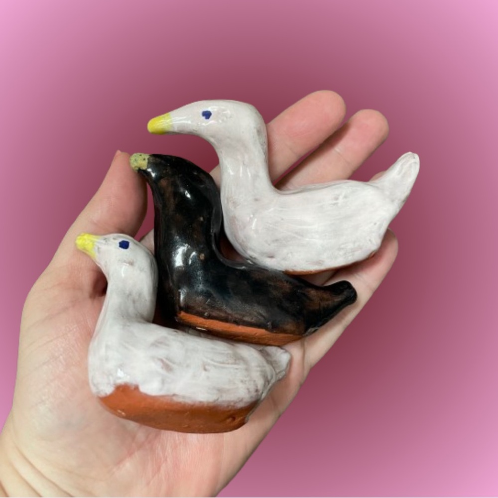 3 vintage primitive redware pottery birds ducks geese